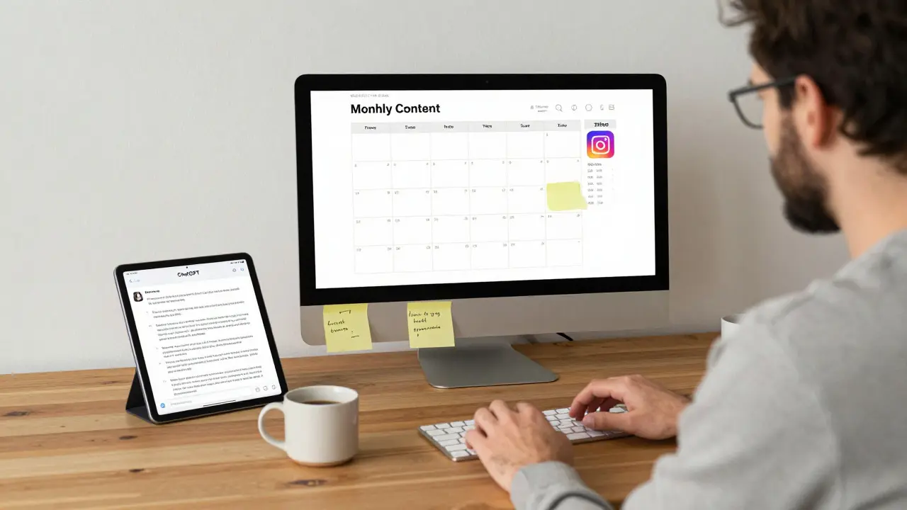 Česká podnikatelka pracuje na obsahovém kalendáři pro sociální sítě s kávou a poznámkami kolem.