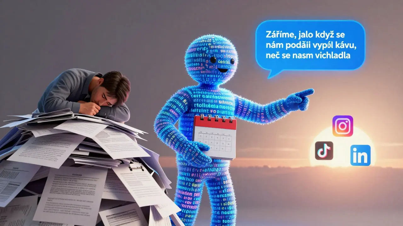 Digitální asistent v podobě světelné postavy vede unaveného marketingera k sociálním platformám.