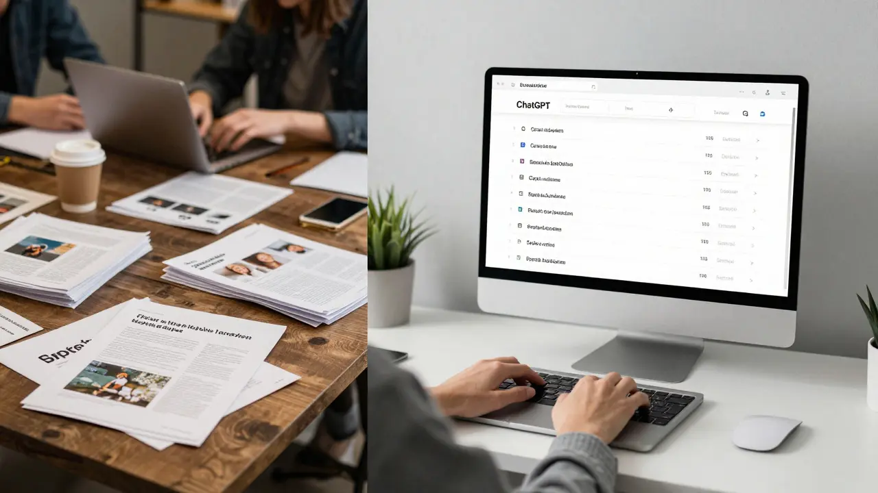 Kontrast mezi starým, chaotickým marketingovým procesem a novým, efektivním využíváním AI pro vytváření obsahu v Česku.