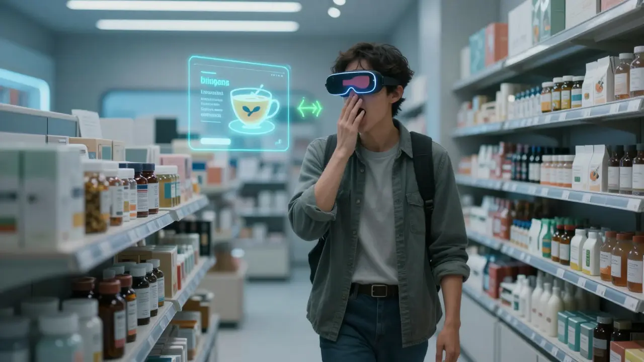 Zákazník v obchodě s AR brýlemi, které mu ukazují přirozené doporučení bez reklam.