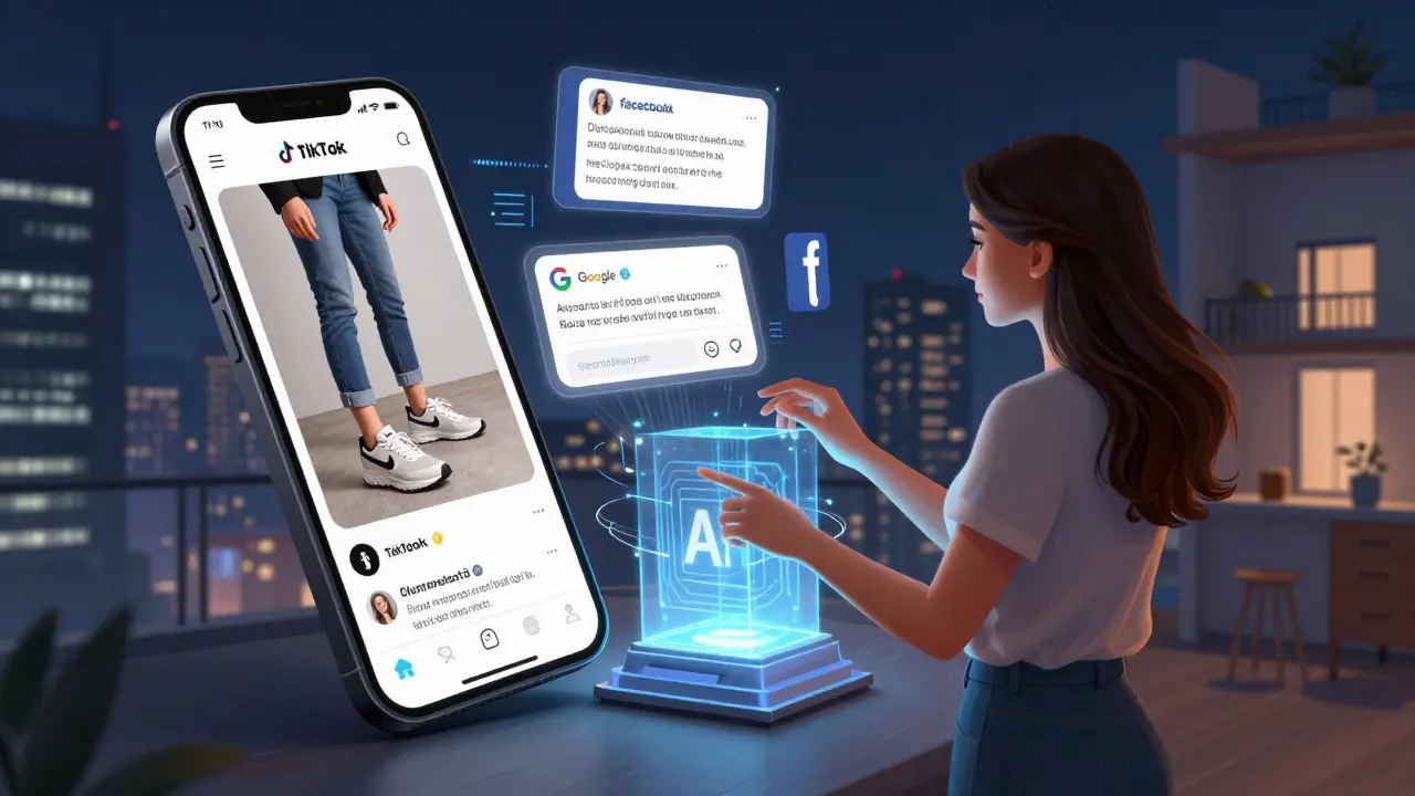 Žena v bytě s osobně přizpůsobenými reklamami na smartphone a ve vzduchu.