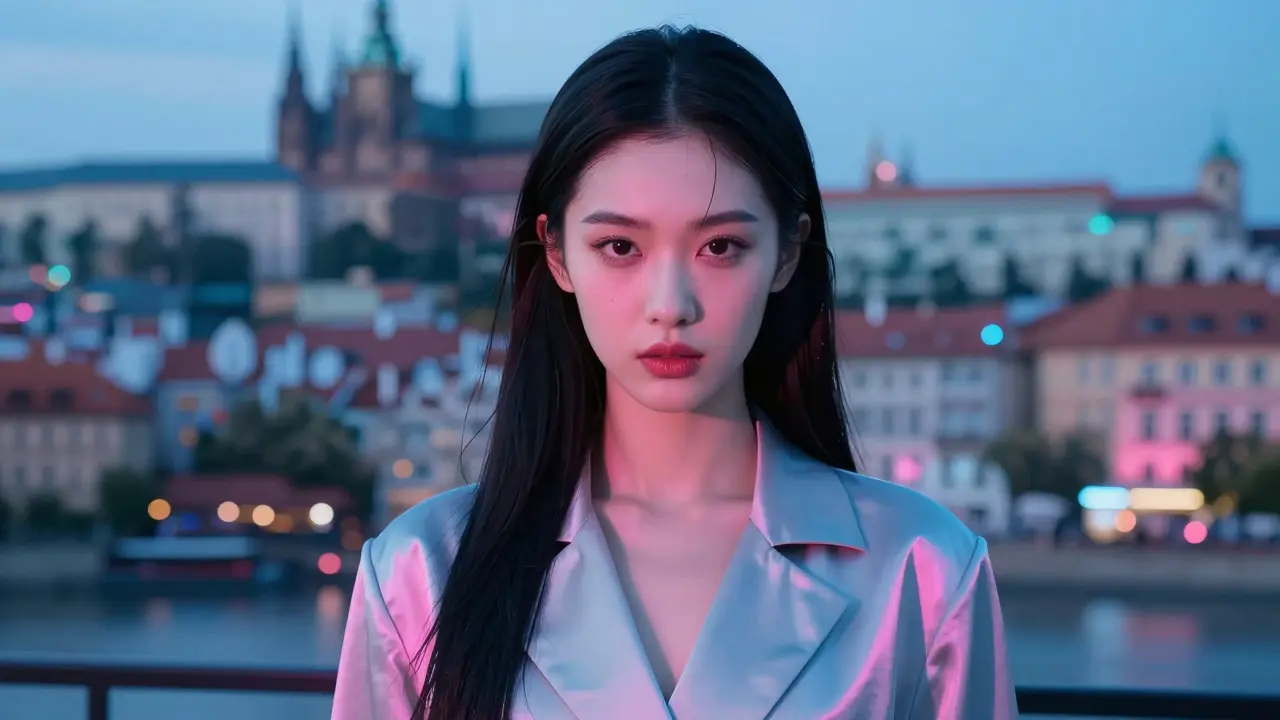 Hyperrealistický portrét virtuálního AI influencera v neonovém městě.