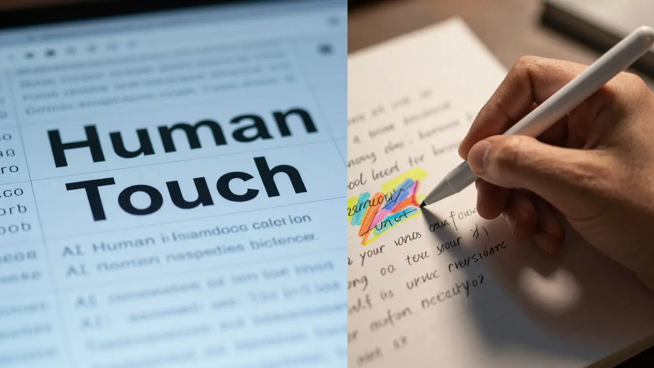 Kombinace digitálního textu z AI a lidského doteku formou ručního dopisování a barev.