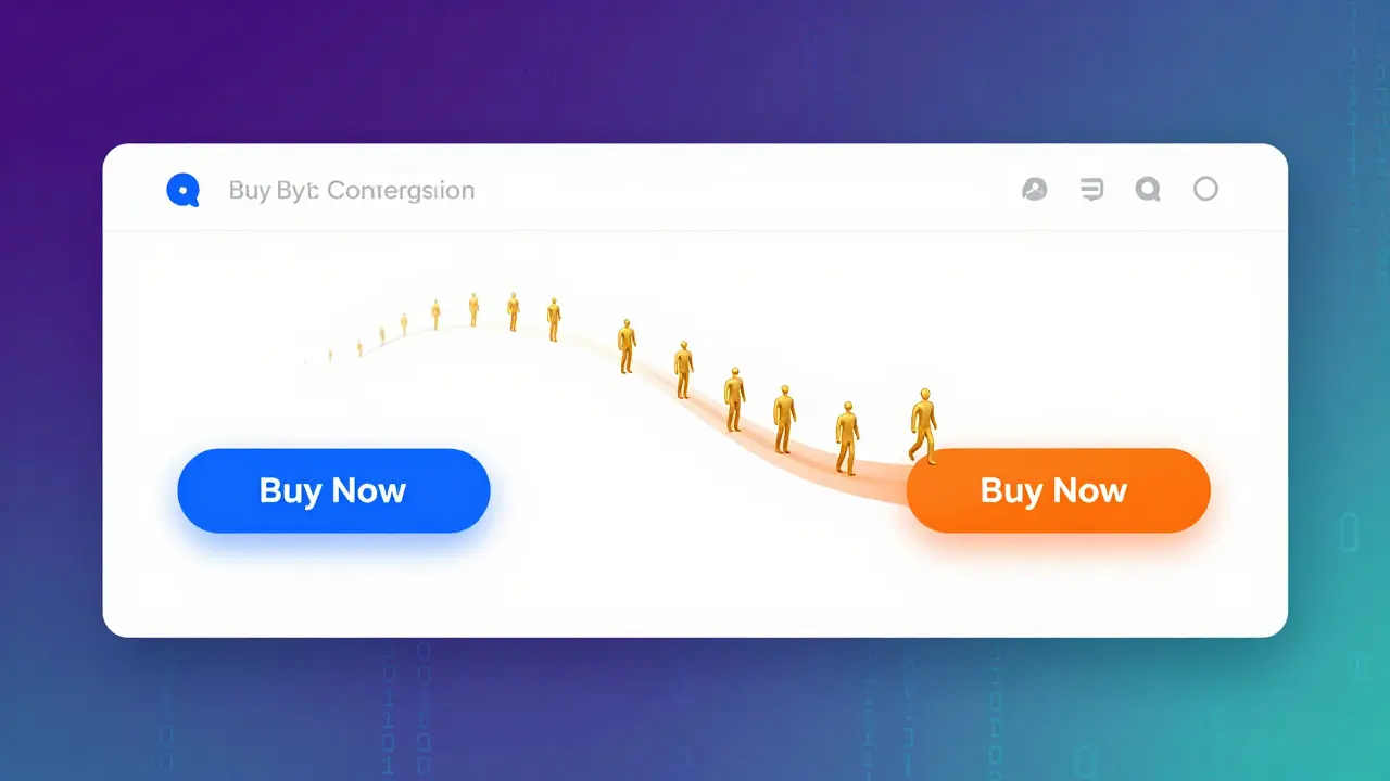 Koncepcni ilustrace A/B testování srovnávající modré a oranžové tlačítko pro nákup.