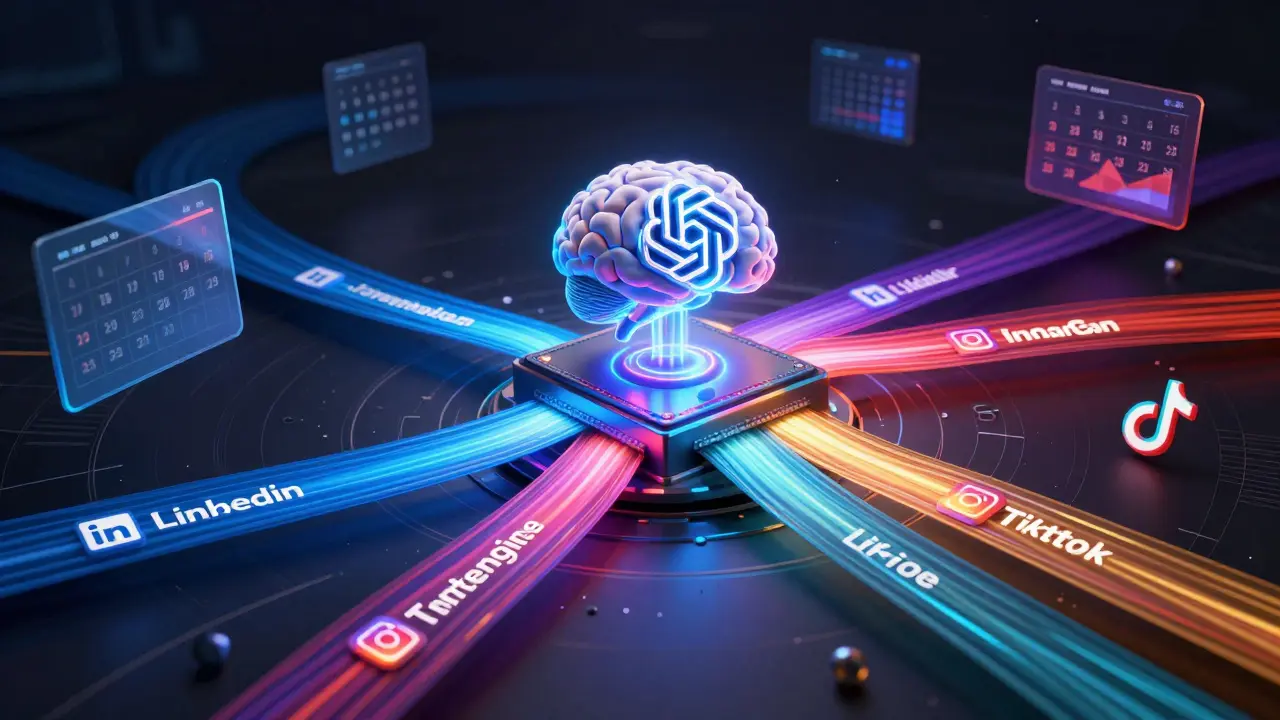 Konceptuální 3D vizuál transformace jednoho zdroje obsahu do různých formátů pro sociální sítě.