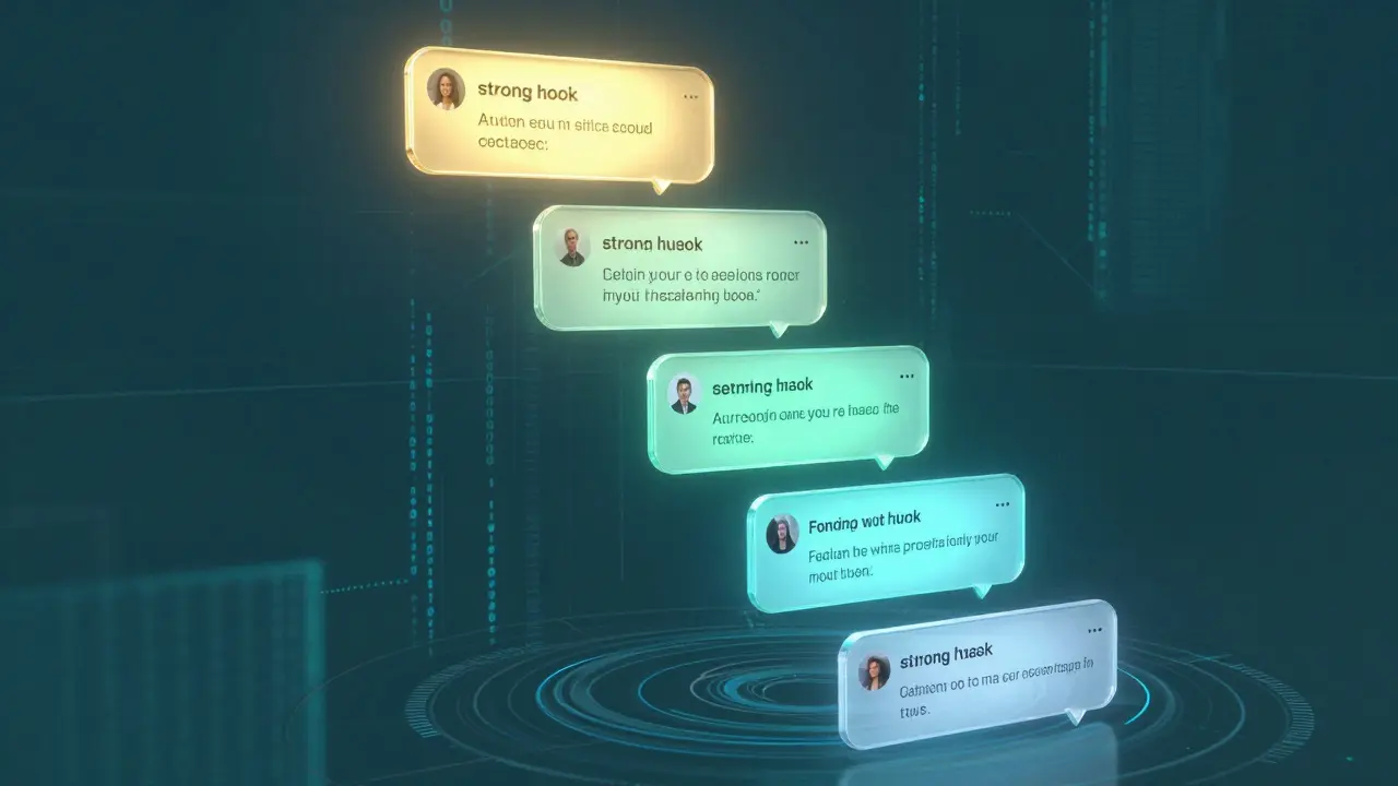 Konceptuální 3D vizualizace struktury virálního vlákna na sociálních sítích s AI optimalizací.