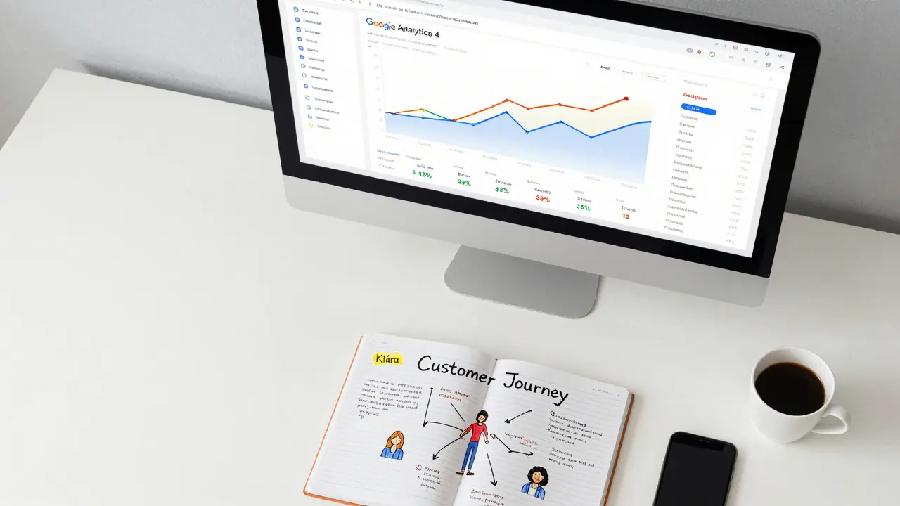Pracovní stůl marketéra s analytikou GA4 na monitoru a mapou zákaznické cesty v sešitu.
