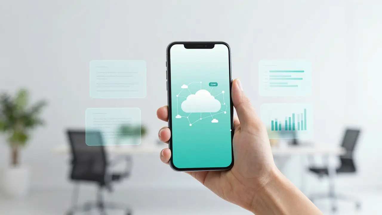 Ruka s chytrým telefonem a holografické prvky automatizace marketingového workflow.