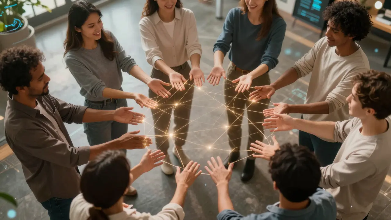 Skupina lidí spojených světelnými liniemi reprezentuje komunitu a důvěru v marketingu.