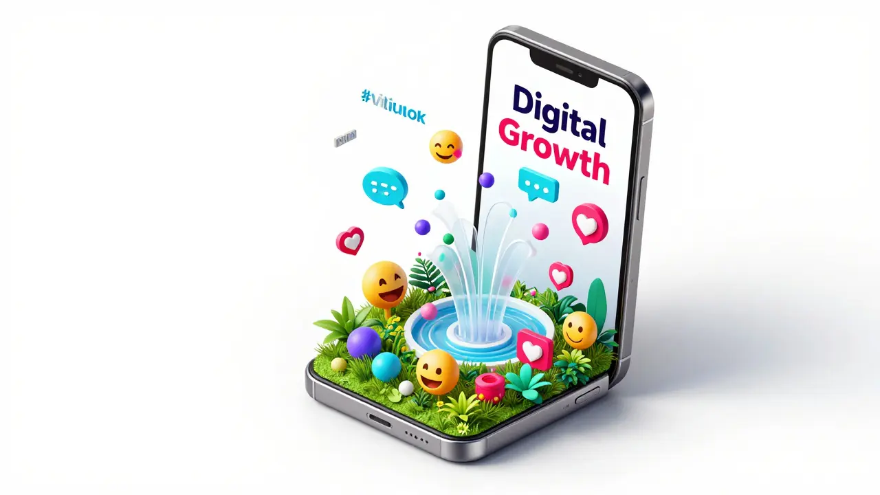 Smartphone s vypadávajícími srdíčkami a hashtagy symbolizující virální růst.