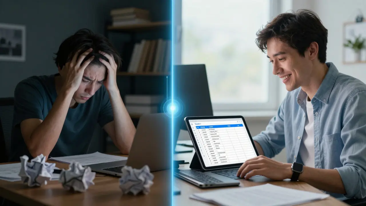 Srovnání stresující tradiční tvorby obsahu s efektivním plánováním pomocí AI.