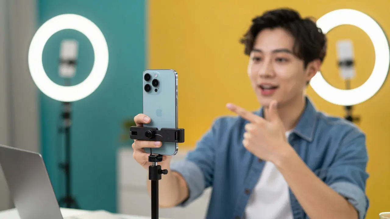 Tvořitel obsahu natáčí krátké video na chytrý telefon s barevným osvětlením.