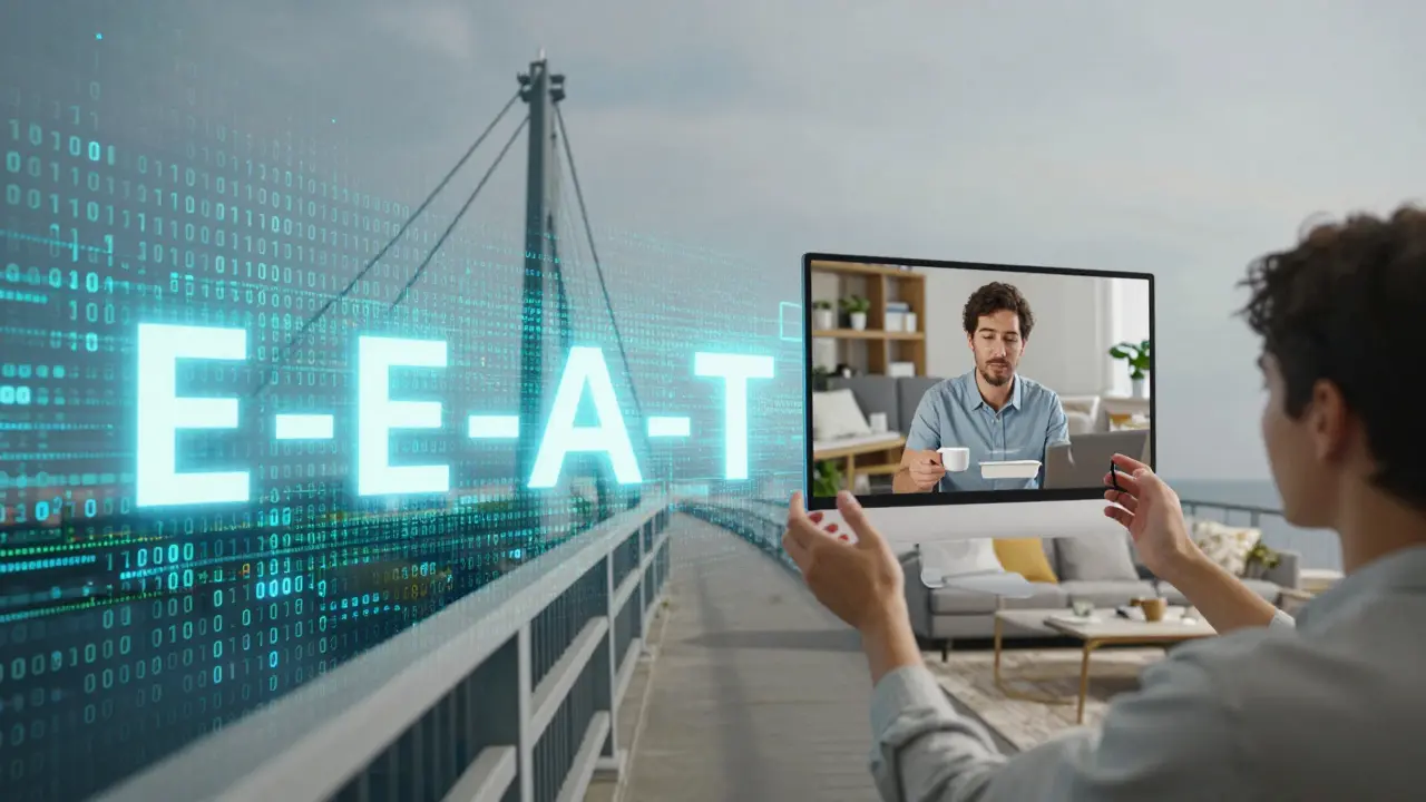 Vizuální přechod od digitálního AI textu k autentickému lidskému obsahu a zkušenosti.