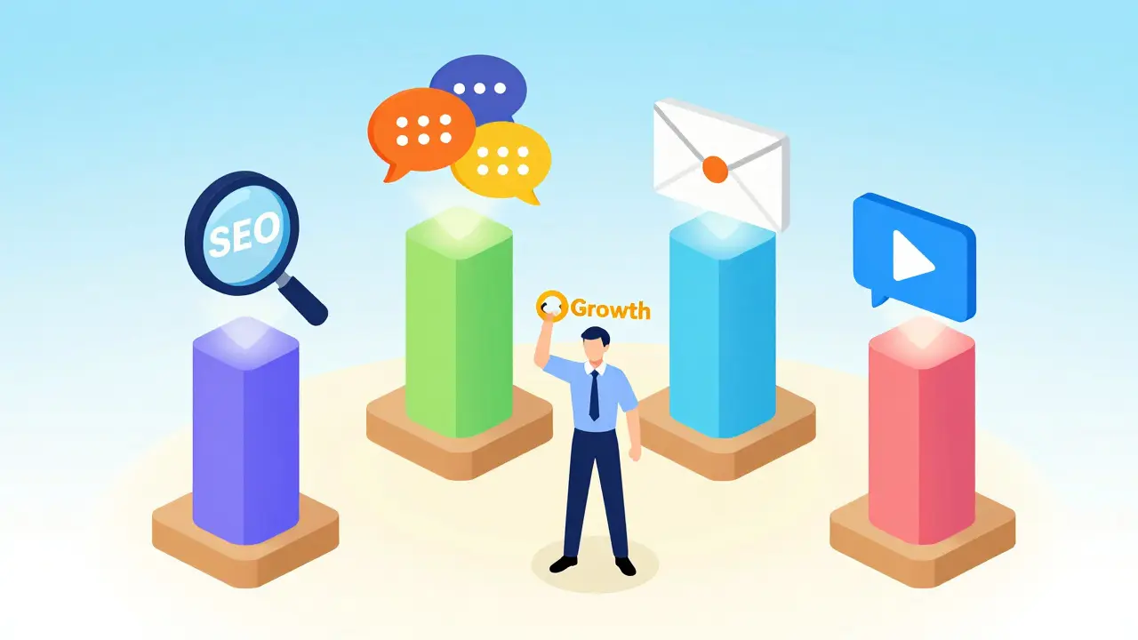 Ilustrace čtyř pilířů online marketingu: SEO, sociální sítě, e-mail a obsah