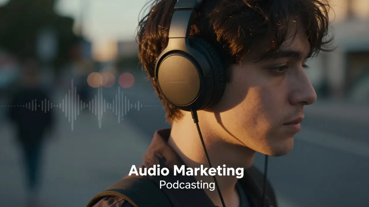 Osoba naslouchající podcastu s sluchátky na městské ulici při západu slunce