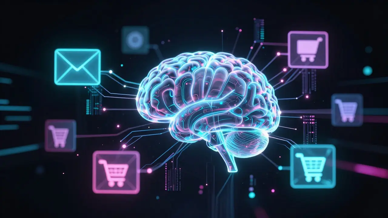 Abstraktní vizualizace AI automatizace v marketingu