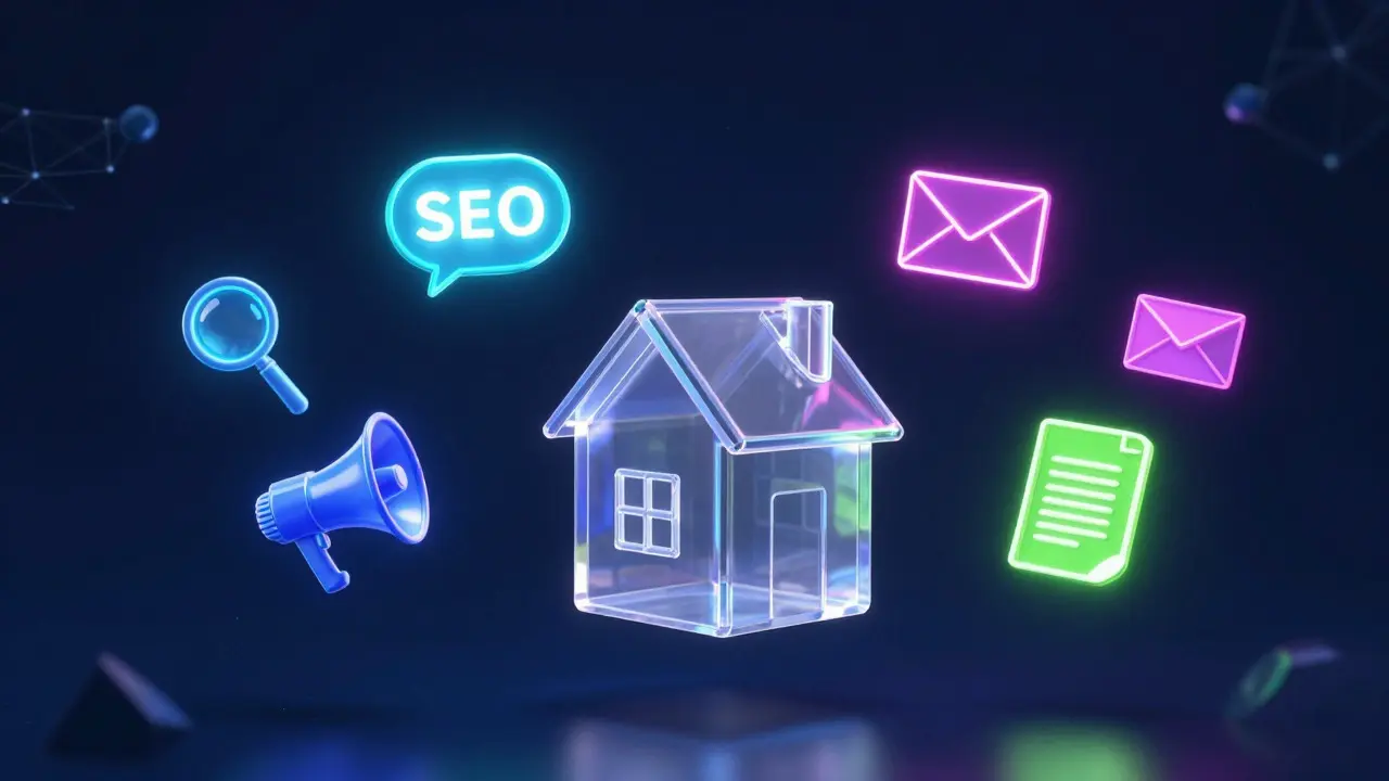 Abstraktní ilustrace klíčových pilířů internetového marketingu jako ikon