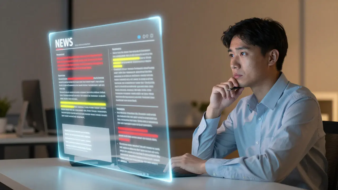 Novinář analyzuje článek pomocí holografické AI asistence