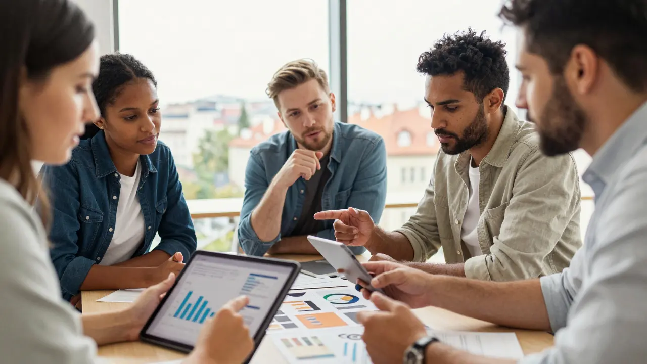 Tým marketingových specialistů diskutuje strategii v moderním prostoru