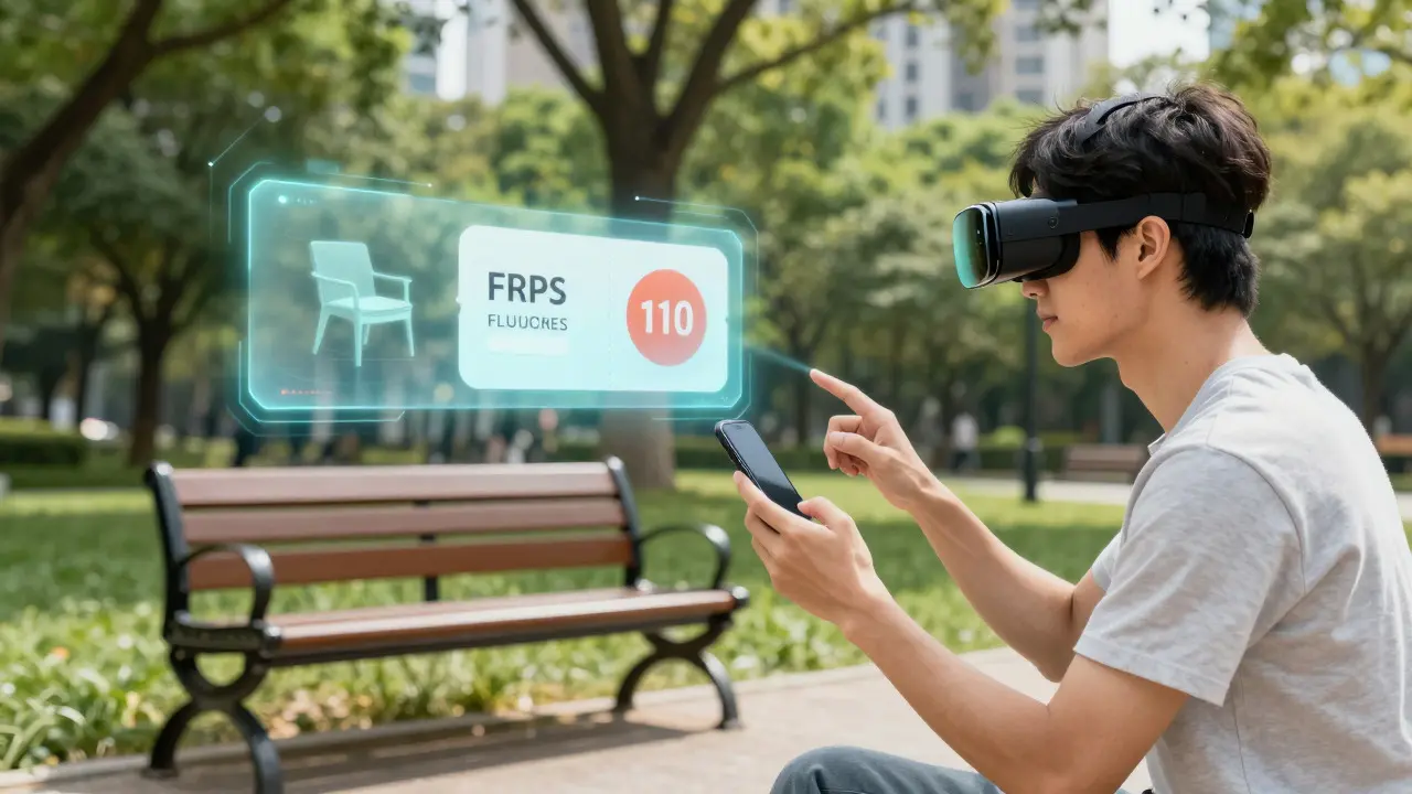 Uživatel s AR brýlemi interaguje s virtuální reklamou na nábytek v reálném parku.