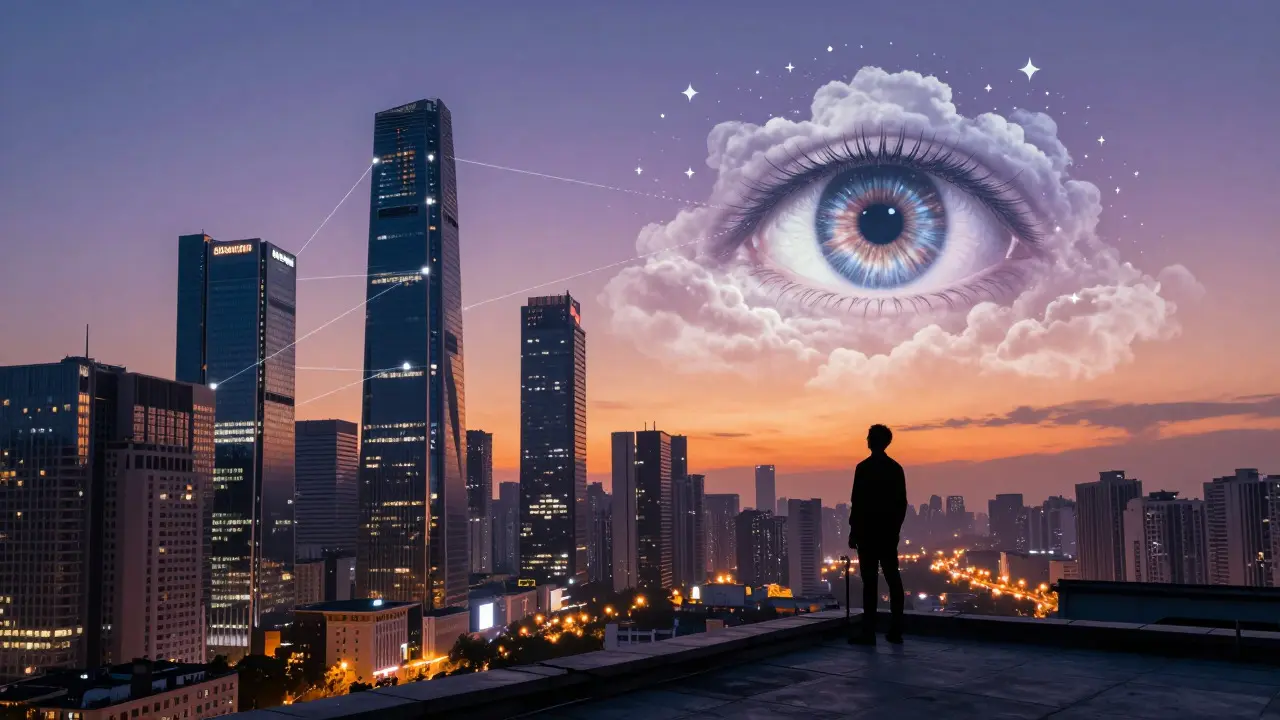 Futuristic cityscape at twilight with digital light connections
