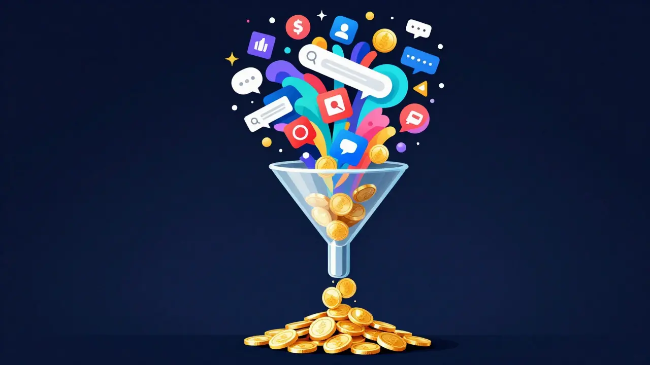Glass funnel transforming abstract data shapes into golden value coins