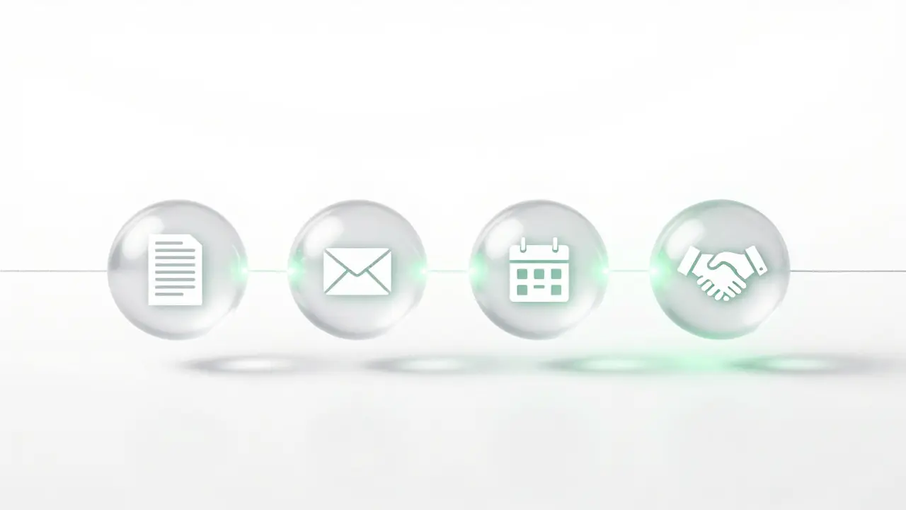 Glowing thread connecting spheres representing automated marketing workflow