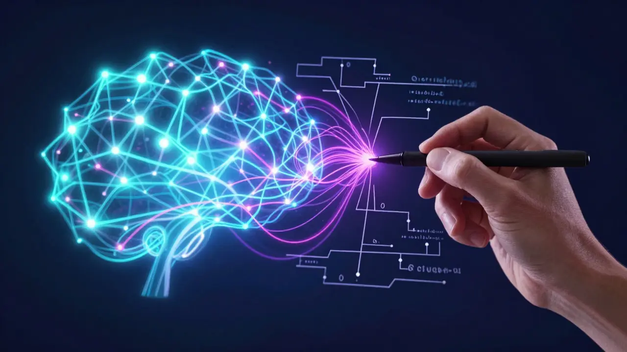 Konceptuální ilustrace spojení umělé inteligence a lidské kreativity v obsahu