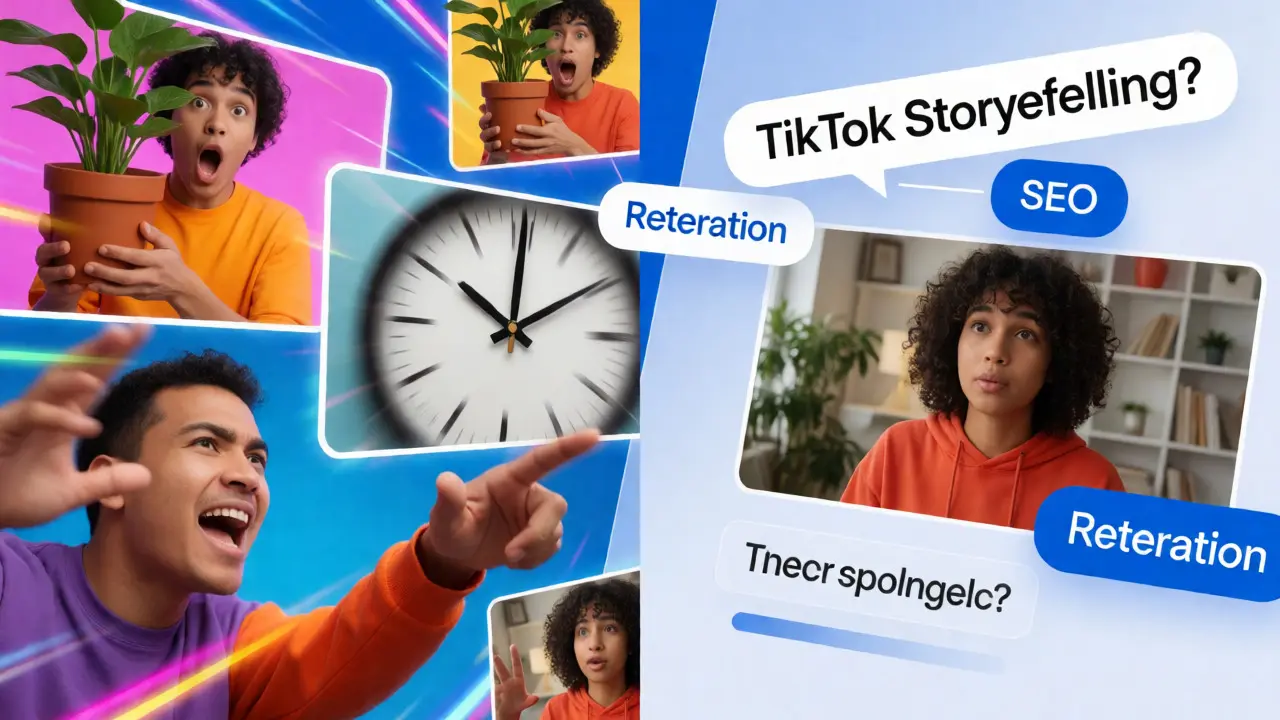 Rozdělený obraz zobrazující virální TikTok videa a SEO klíčová slova