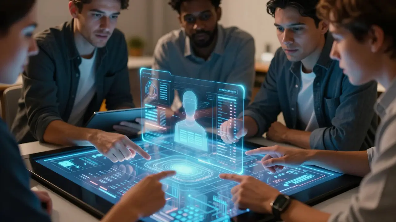 Tým marketingových odborníků diskutuje strategii kolem interaktivního digitálního displeje s hologramy.