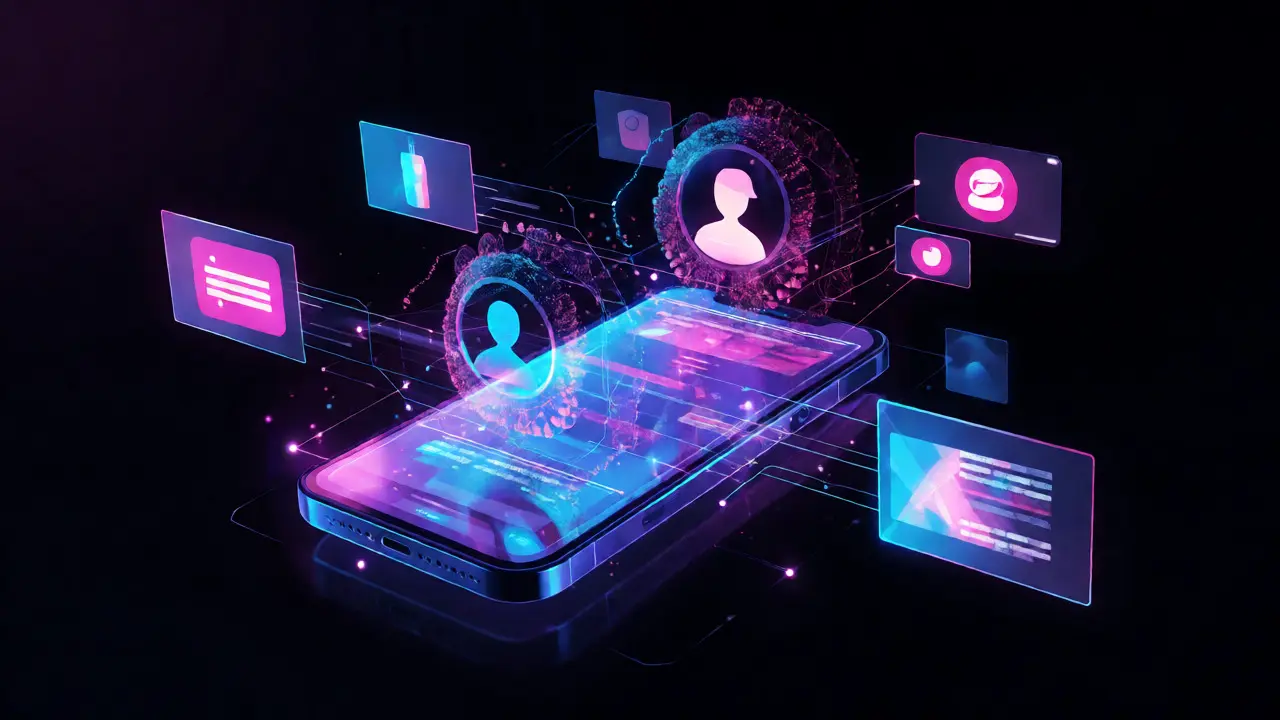 Futuristická vizualizace dynamické cílené reklamy pomocí datových proudů kolem telefonu.