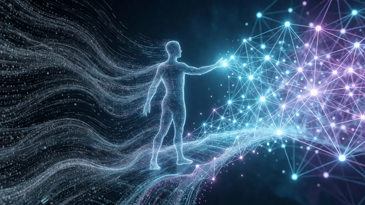 Silueta člověka tvořená datovými proudy procházející digitální sítí.