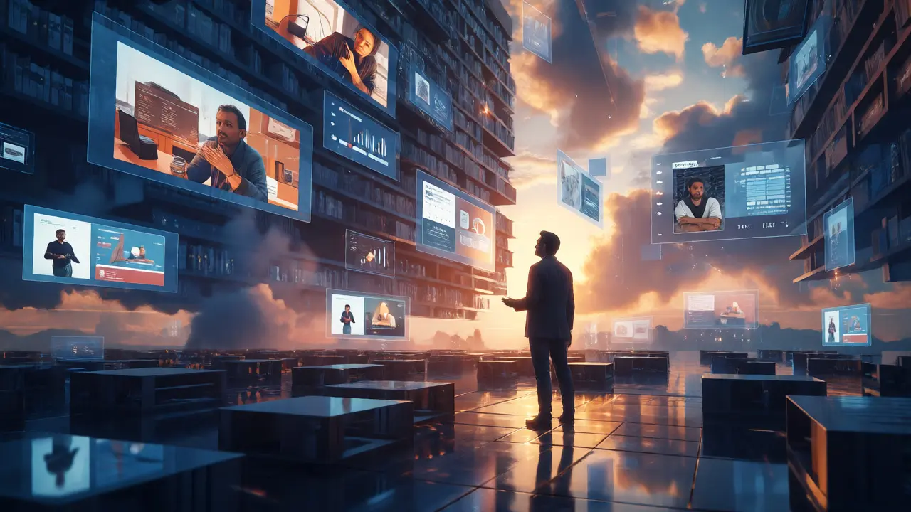 Stratég obklopený plovoucími panely s videoreklamami a daty v futuristickém digitálním prostředí.