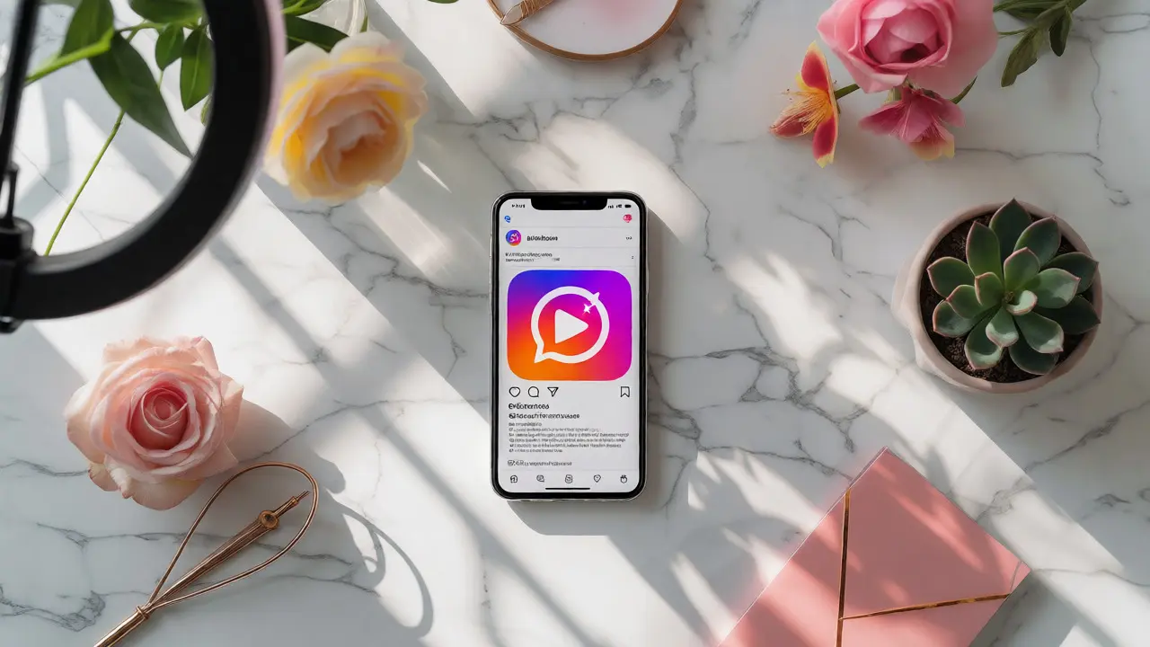 Stylizovaný stůl s telefonem a rekvizity pro tvorbu obsahu na Instagram