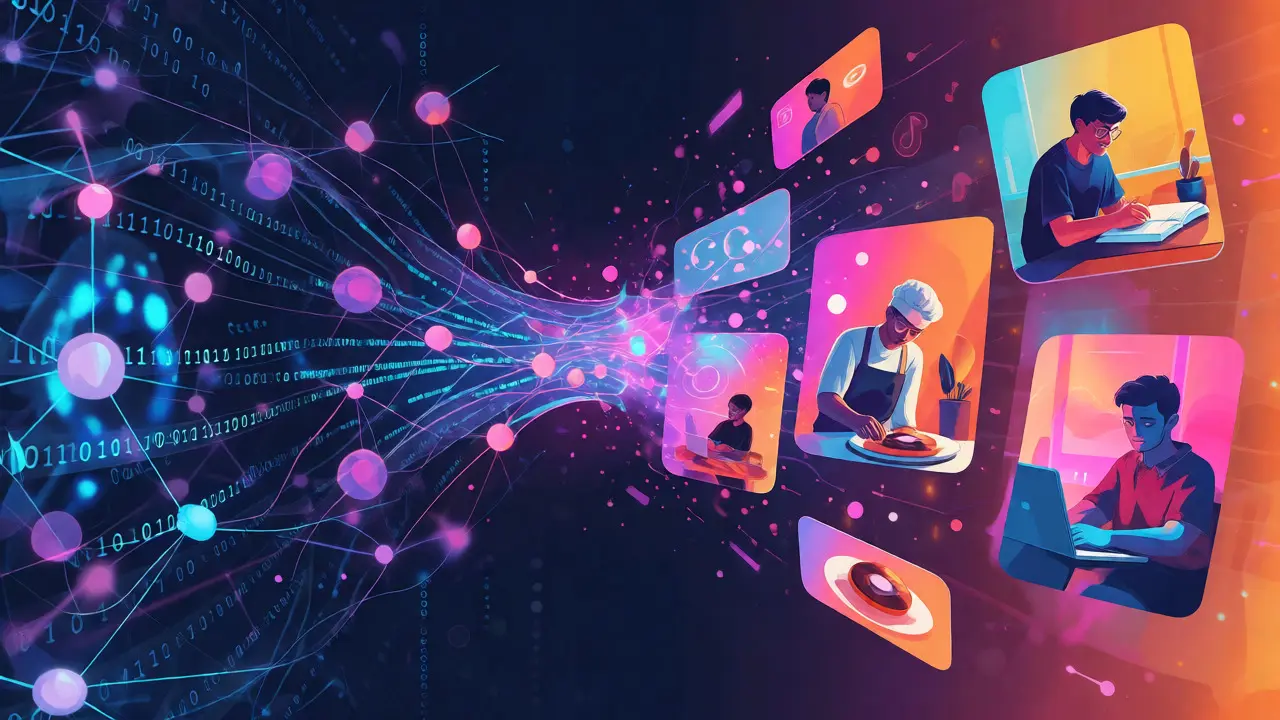 Konceptuální ilustrace propojující umělou inteligenci s tvorbou krátkých videí