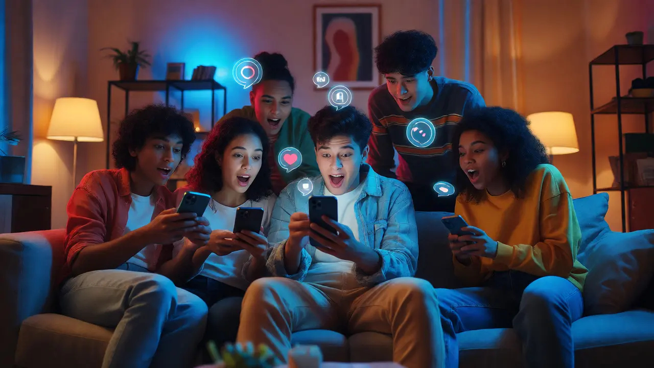 Skupina lidí sledující virální video na telefonu v obýváku